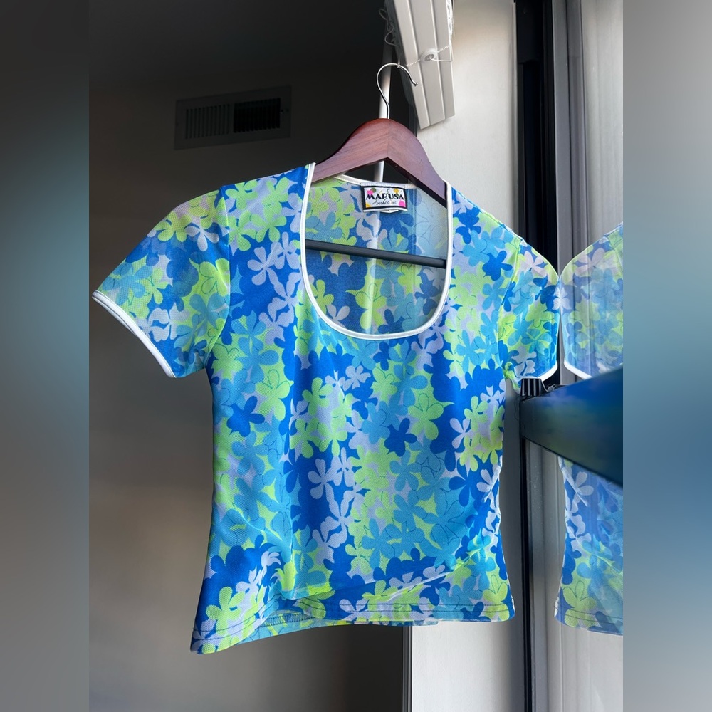 Floral Blue and Green Mesh Top